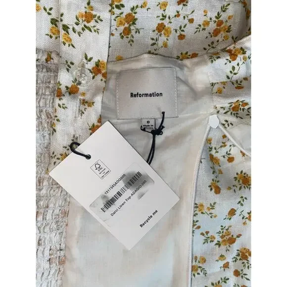 NWT Reformation Darci Floral Linen Top Yellow White Size 0 - Picture 3 of 9